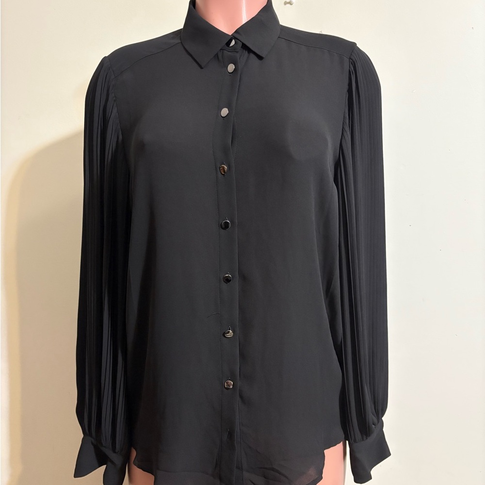 Tahari Women’s Medium Black button down Blouse long‎ Balloon Pleated Sleeve